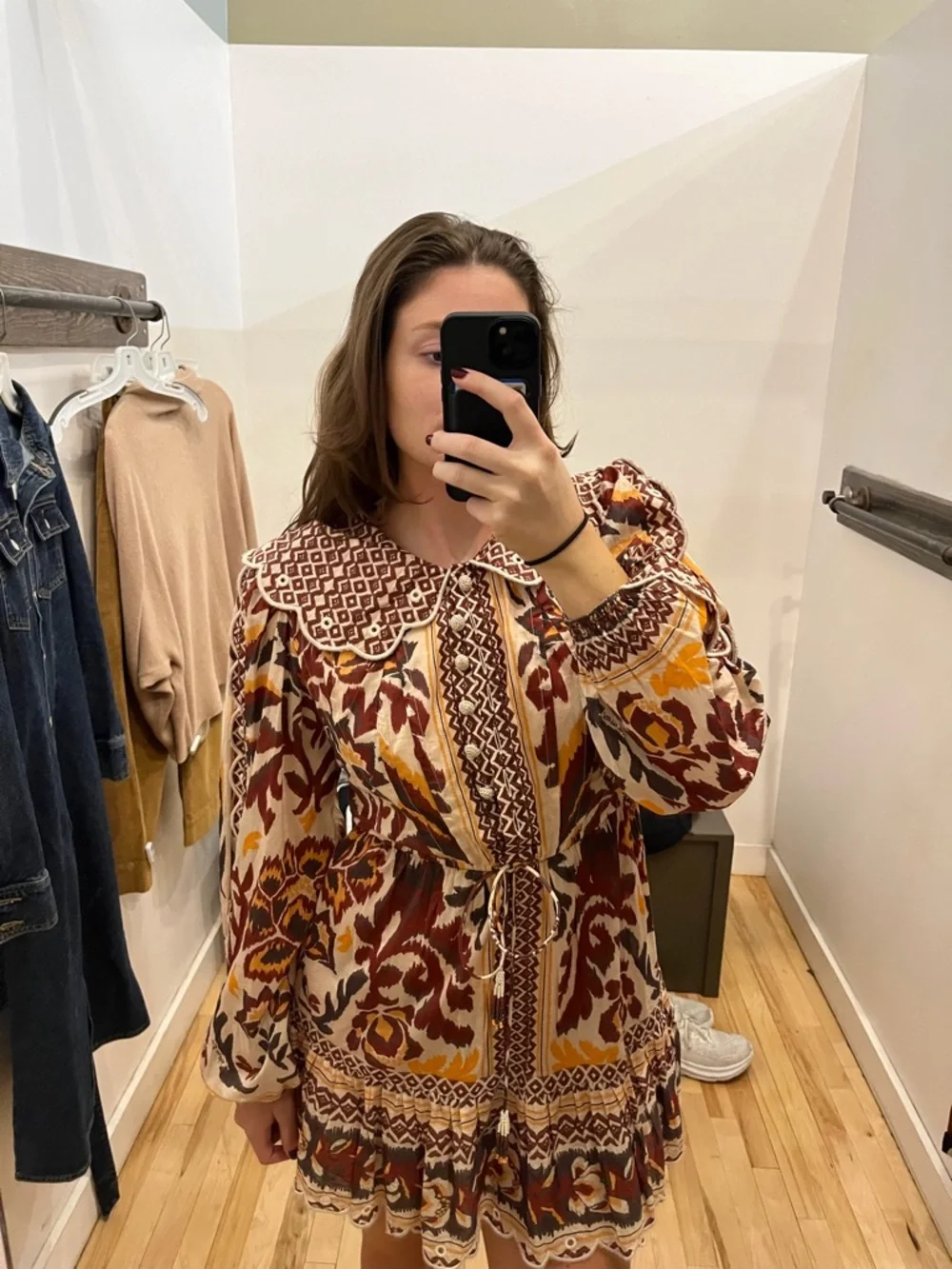 Farm Rio Boho Printed Long-Sleeve Mini Dress in Burgundy and Mustard - Picture 3 of 6